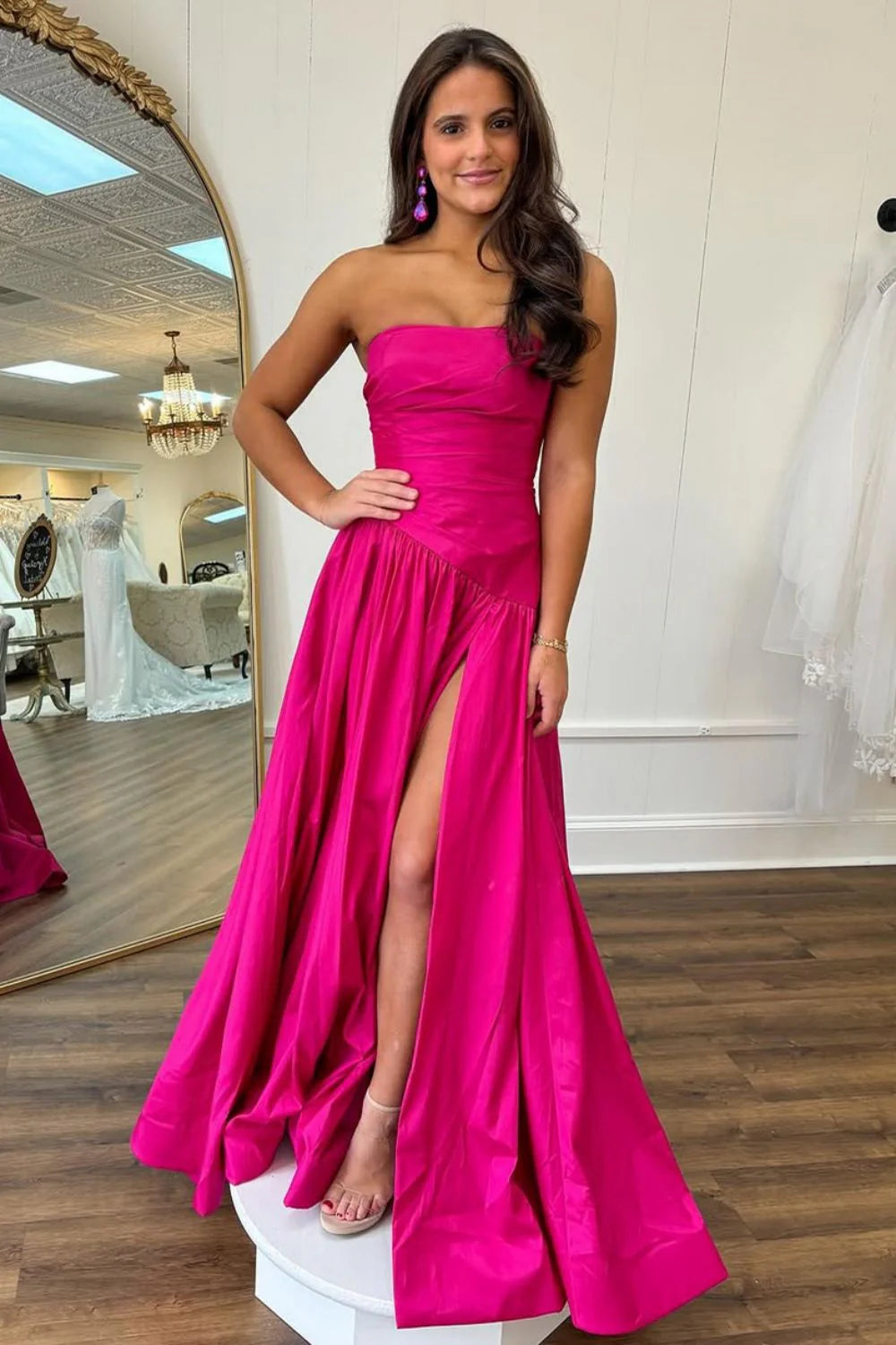 Simple A-Line Hot Pink Strapless Long Satin Unique Design Prom Dress